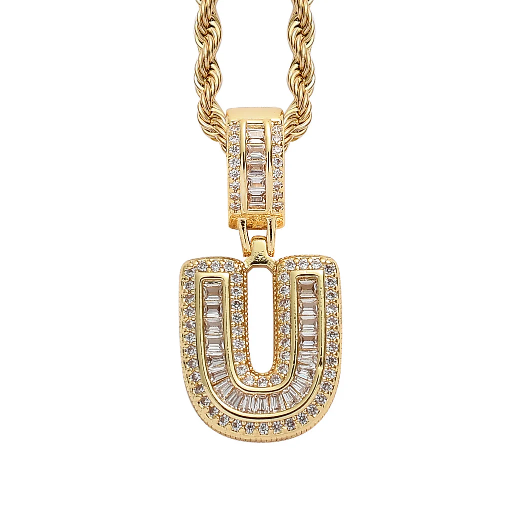 Baguette Iced A to Z Letters Pendants in 14K Gold - Image 26