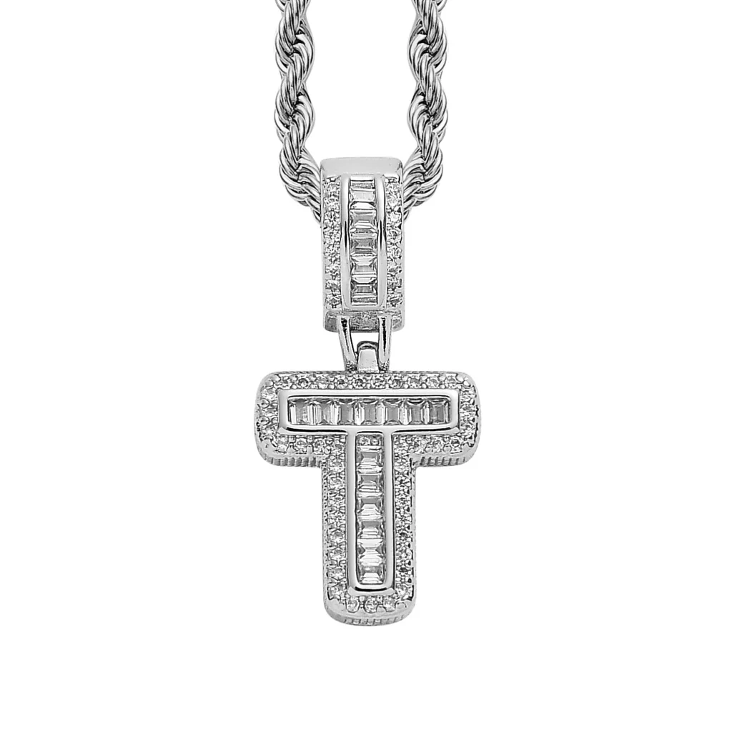 Baguette Iced A to Z Letters Pendants in White Gold - Image 24
